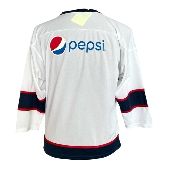 Hartford Wolf Pack Logo AHL Jersey White Blue Red Knot Tie Front Mesh Shirt Top - Picture 3 of 5